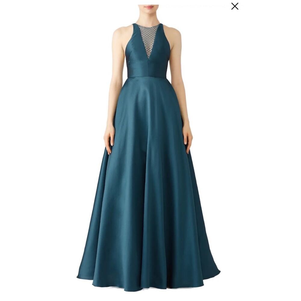 ML Monique Lhuillier Teal Mesh Polka Dot Ball Gown